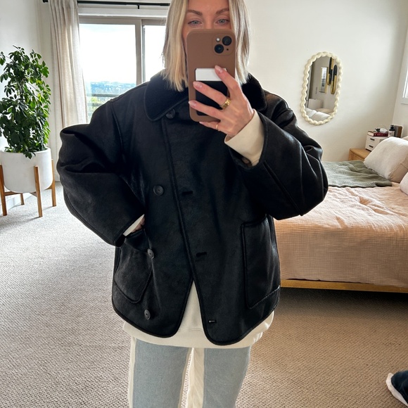 Zara DOUBLE FACED JACKET ZW COLLECTION OVERSIZED COAT BLACK XS Shearling - Picture 4 of 8